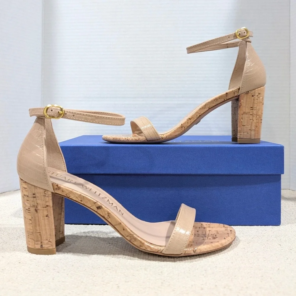 Stuart Weitzman Nearlynude Adobe Beige Croc Cork Block Heel Sandals 7.5 AA NIB